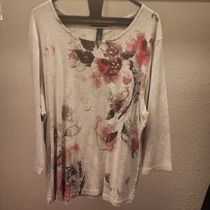 Karen Scott Gray and Pink Floral Long Sleeve Top